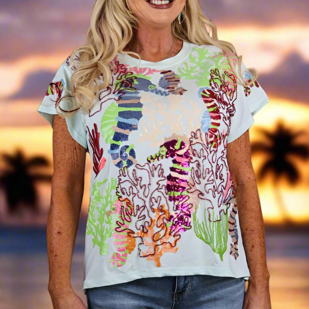 NWT Queen Of Sparkles Light Blue Multi Coral & Seahorse Tee